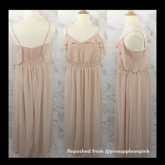 ASOS Peach Nude Off Shoulder Flowy Dress 14 - Picture 9 of 9